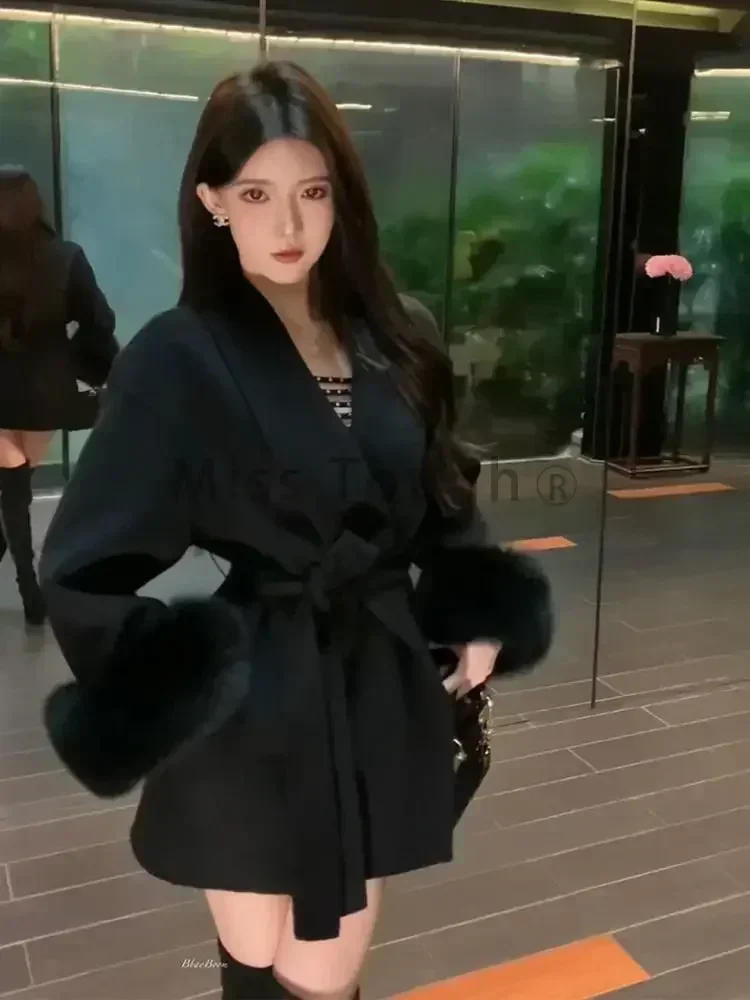 Korean Fashion Women New Autumn Winter Versatile Tweed Cape Loose Coat Belt High-level Sense of Cuffs Clothes Casual Streetwear