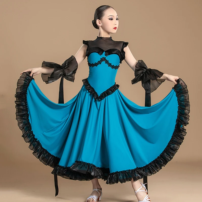 New Summer Girls Ballroom Dance Competition Suit Blue Sleeveless Dress Waltz Modern Dancing Costume Ball Gown Standard VDL294