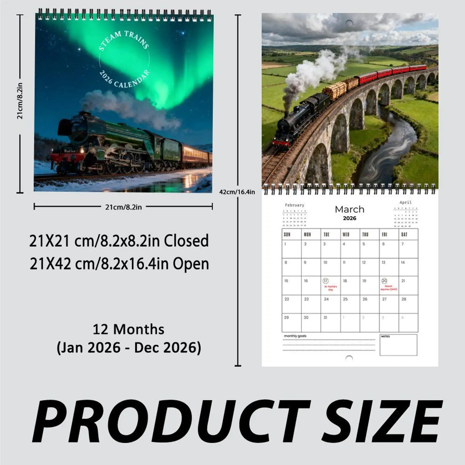 Train Calendar 2026 Steam Train Monthly Hangable Planner 12 Month Calendar for Home School Wall Room Study Scheduling Planning