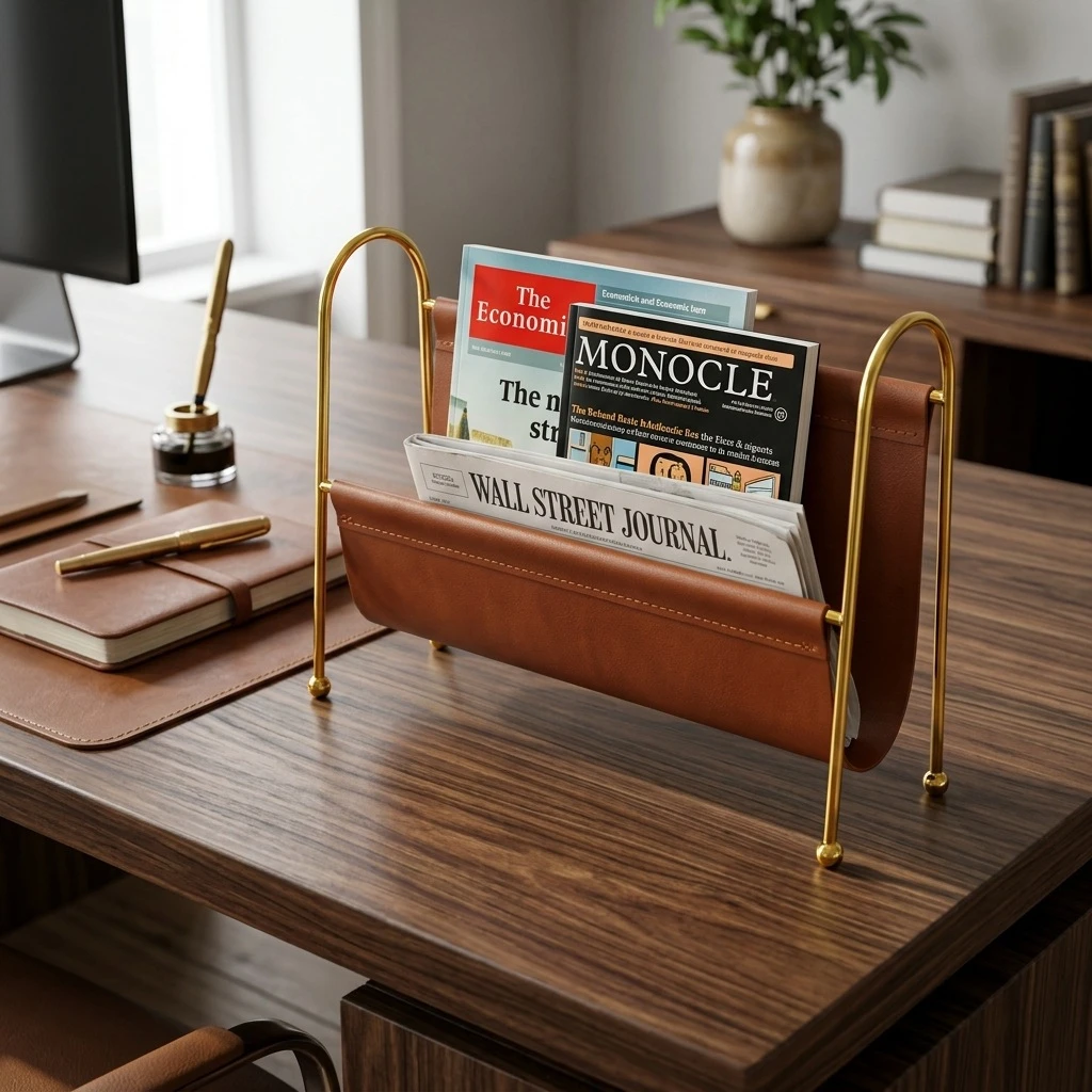 Nordic Metal Magazine Rack - Faux Leather Desk Organizer with Gold Frame, Compact Storage for Home Office/Bookshelf Decor