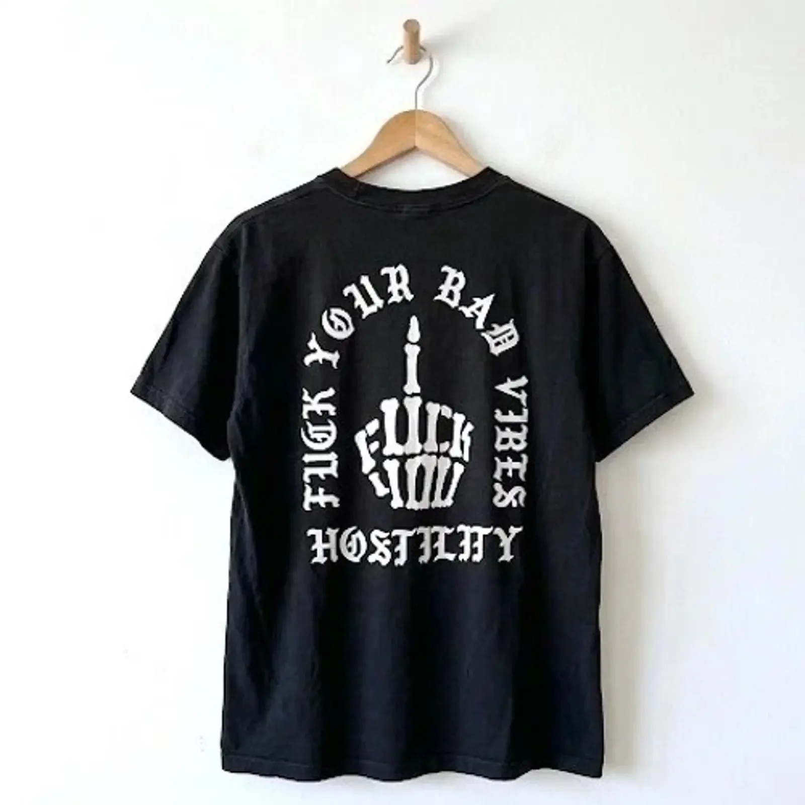 Hostility Mens XL Tall Black F Your Bad Vibes T Shirt Skeleton Hand vintage Washed homme fashion Casual Comfortable Stretched