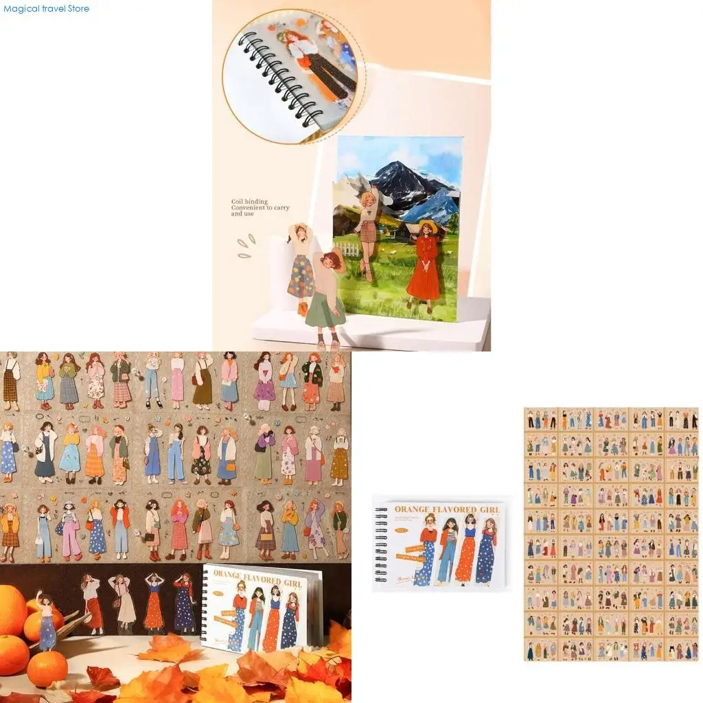 

N2UB Coil Bounds PET Sticker Book with Oranges Themed Girl Illustrations Sticker Album for Journals Scrapbooks and Planners