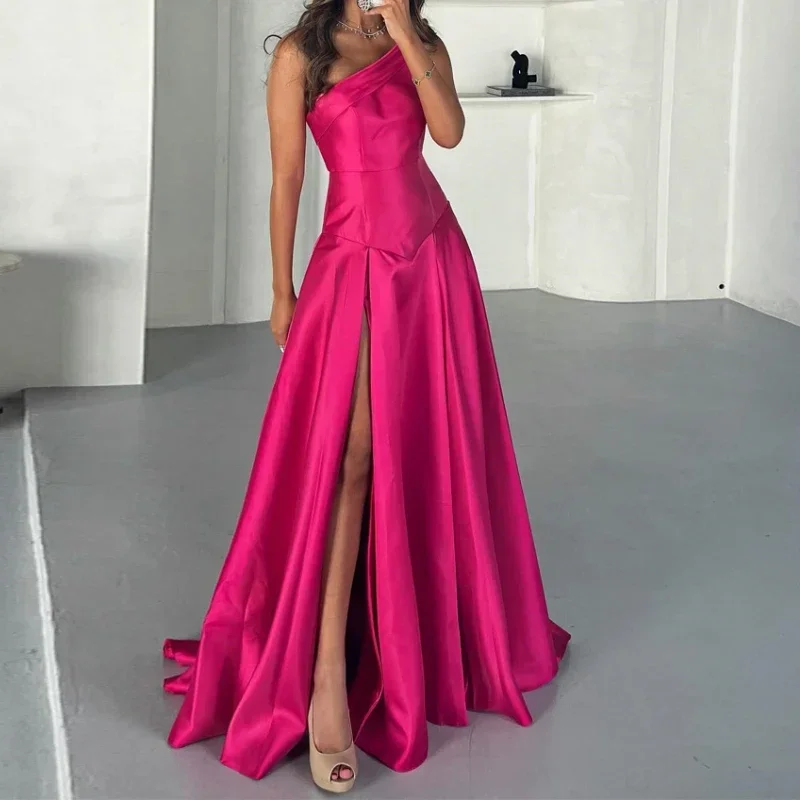 Customized New Fashion One Shoulder Satin Princess Evening Dress Slim Waist Luxury Glossy Elegant Party Prom Gown Sexy Side Spli