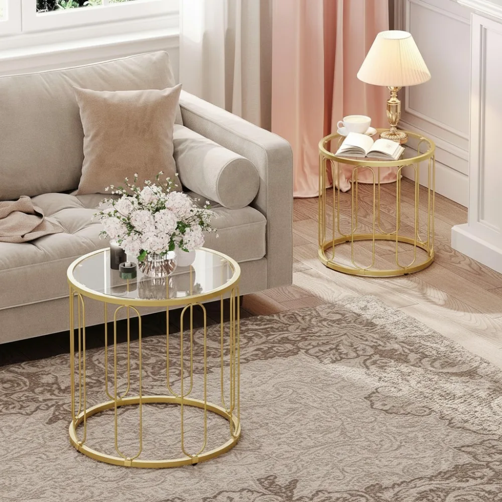 

2-Piece Gold Round Coffee Table Set with Tempered Glass Top, Metal Frame Side Tables for Living Room Bedroom