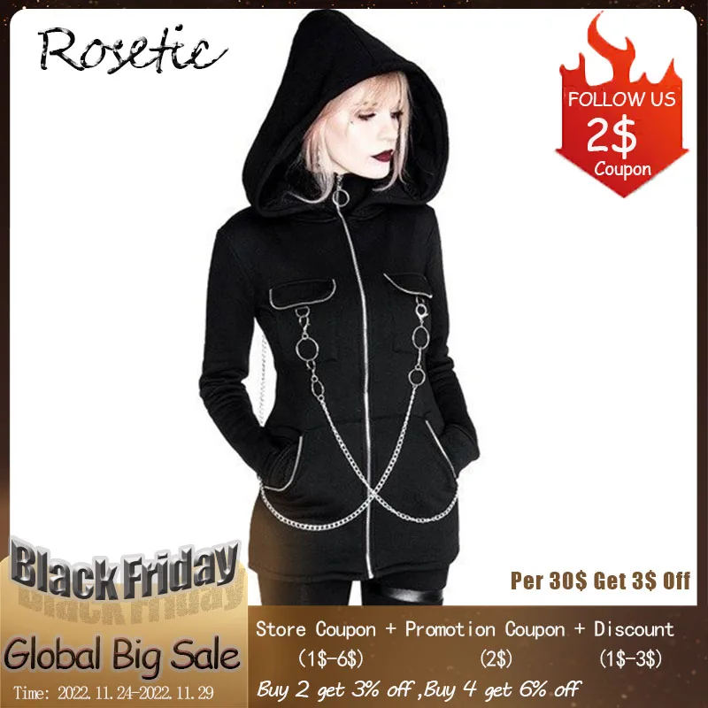 

Rosetic Fashion Women Goth Hooded Black Hoodie Retro Chic Long Sleeve Zipper Chain Corss Patchwork Slim Gothic Lady Hoodie Fall