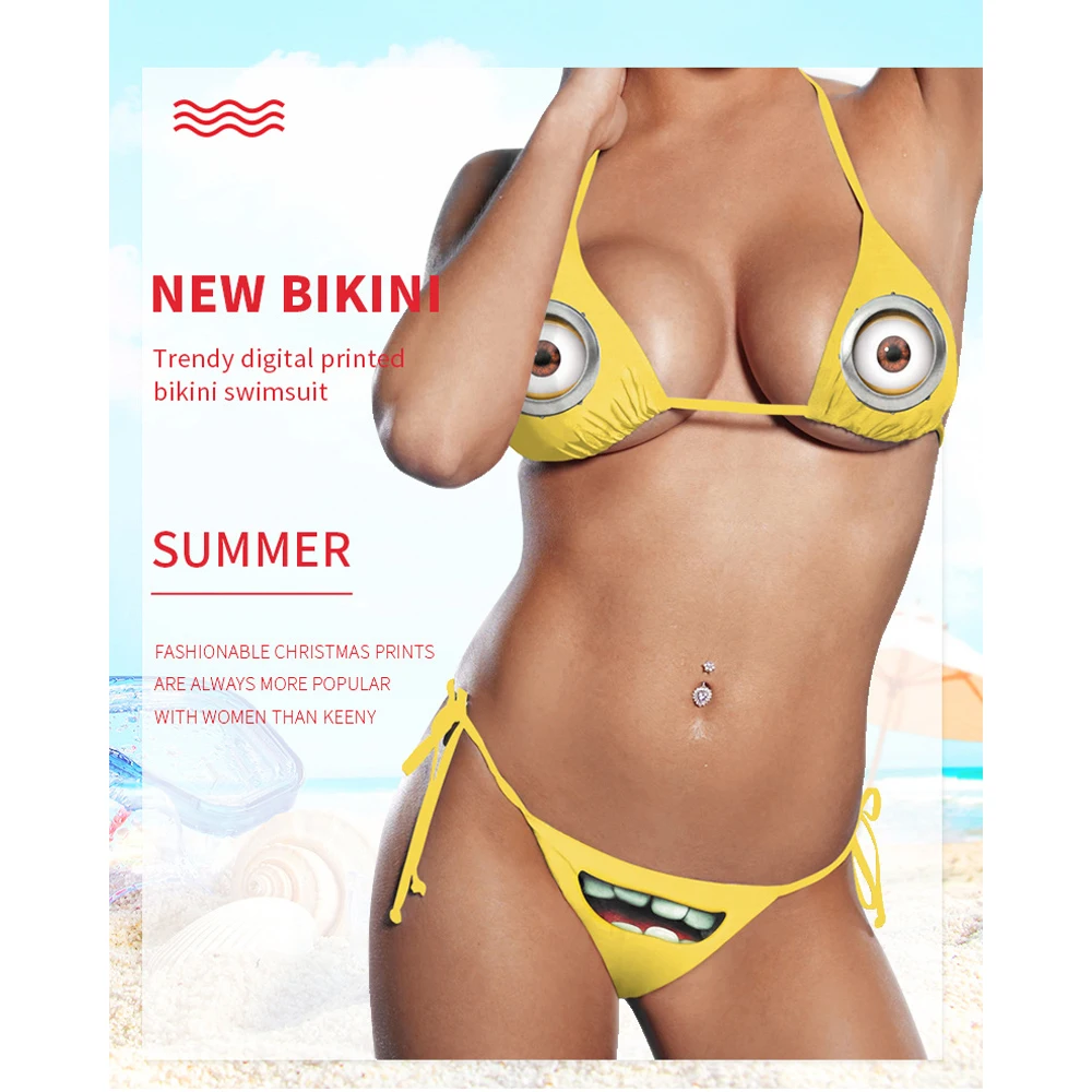 

Сексуальный купальник бикини с миньонами для косплея с открытой спиной забавное уличное пляжное плавательное белье для пар Летнее спортивное бикини с принтом для взрослых подарок