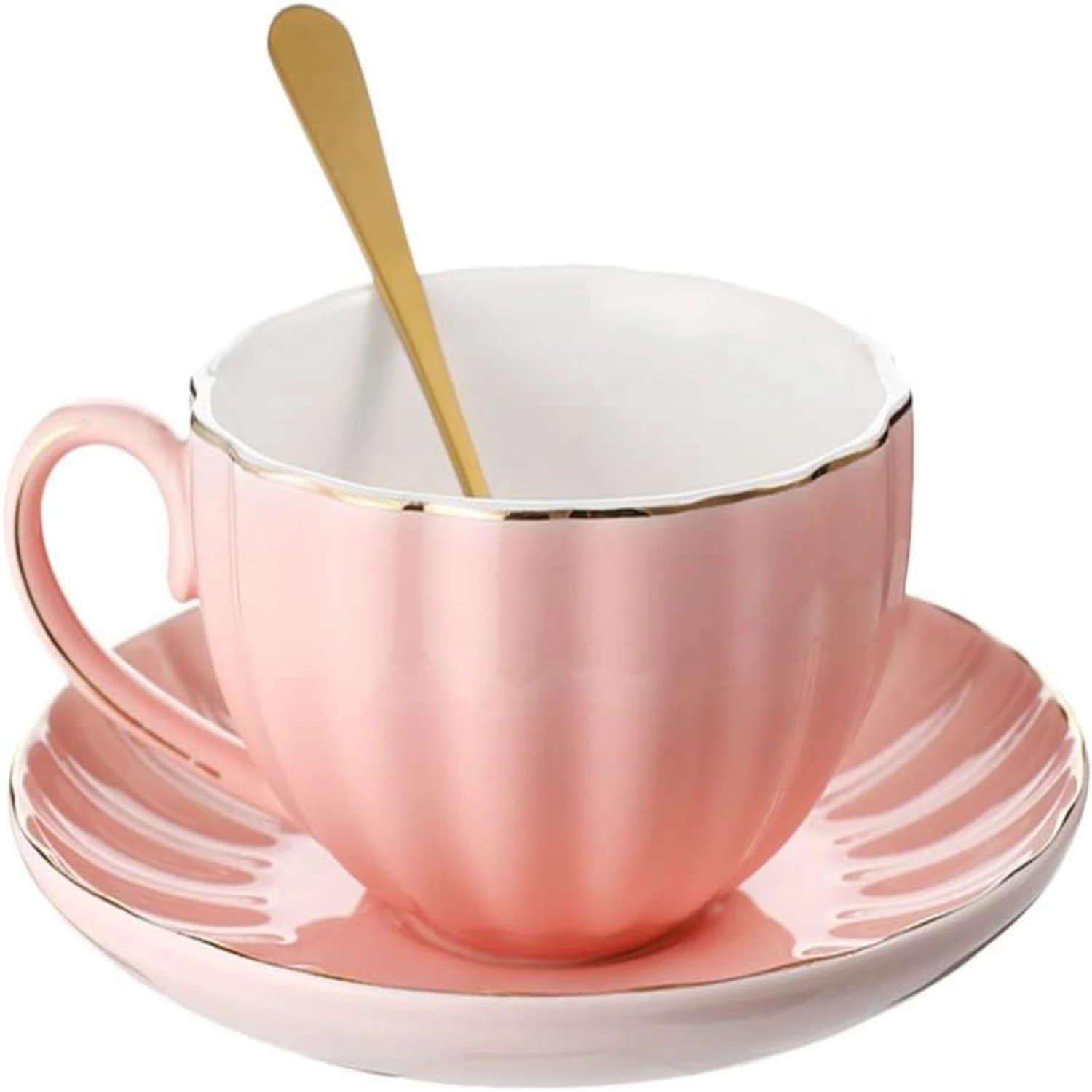 Elegant Exquisite Pink Ceramic Tea Coffee Cup Set with Spoon and Saucer, Lovely Decorative Flower Pattern Milk Coffee Mug, Perfe