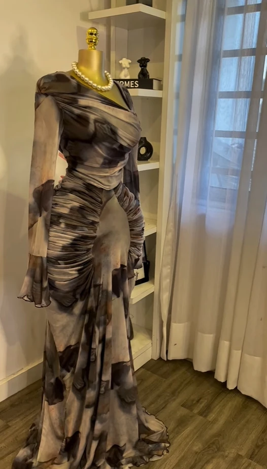 

Женское длинное платье макси с косым вырезом и принтом тай-дай, расклешенное длинное платье макси с длинными рукавами и рюшами, лето 2025 г., сексуальные вечерние платья на день рождения