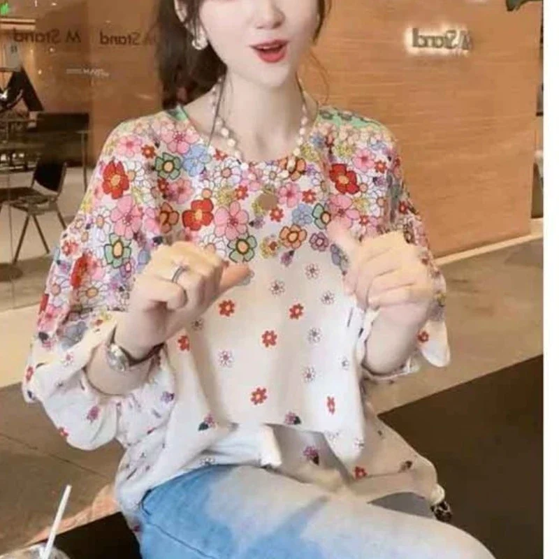 2024 New Summer Commuting Young Style Sweet and Fashionable Chiffon Lantern Sleep Loose Round Neck Printed Women\'s T-shirt Top