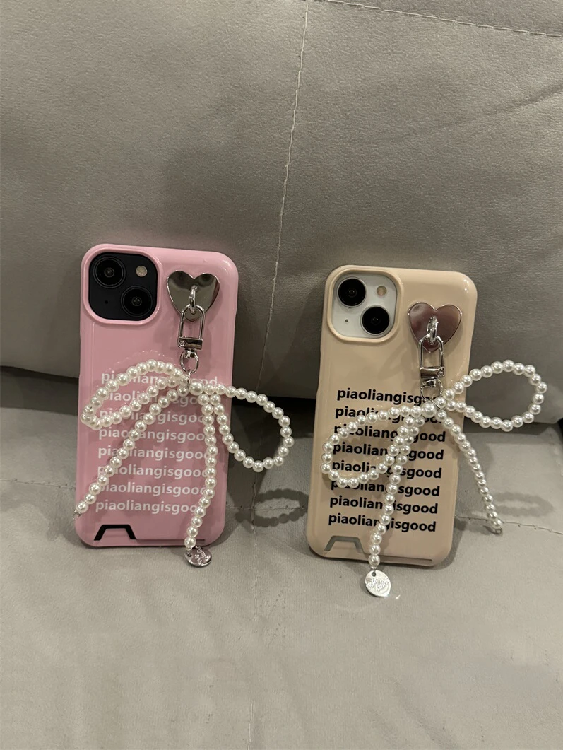 Ins Korean Luxury Cute English Lnsert Card Pearl Bow Pendant Case for iPhone 11 12 13 14 15 Pro Max Back Cover Stylish Girl Soft