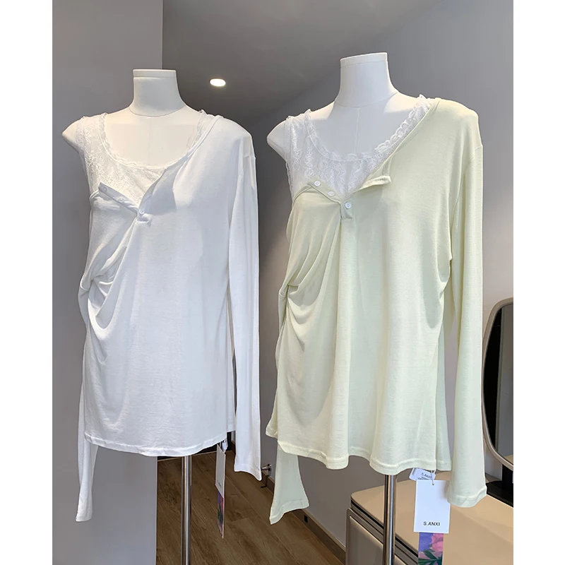 

Lyocell Sunscreen 2025 Design Sense Off Shoulder Lace Fake Two piece Long sleeved Top Sexy T-shirt for Women Y2K