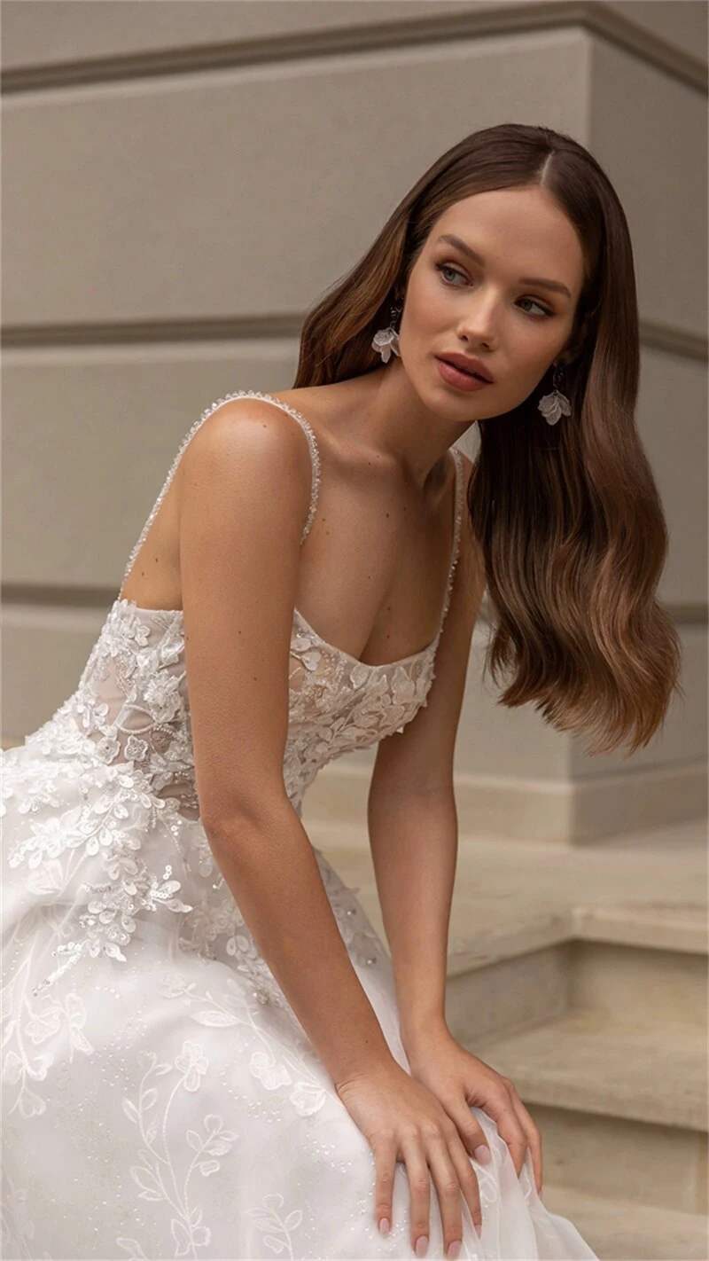 

Sexy O-Neck A-line Wedding Dresses Puff Sleeve Flower Open Back Floor Length Appliques Bridal Gown Vestidos De Novia