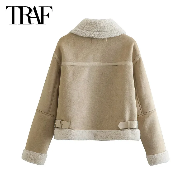 TRAF Fleece Cropped Jacket Outerwear Women 2024 Autumn Winter Elegant Khaki Short Jacket Fashion Casual Long Sleeve Plush Coat