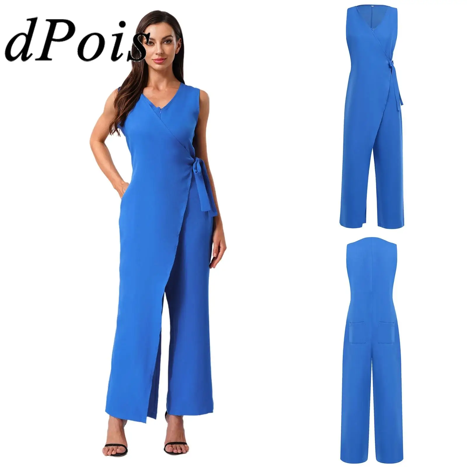 

Women Elegant Casual Evening Jumpsuit V-neck Sleeveless High Waist Wide Leg Pants Festival Outfit for Banquet Wedding Pageant