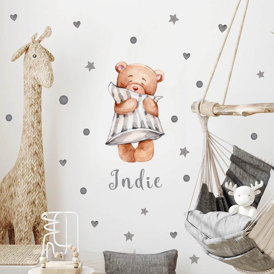 

Custom Children Name Bear Polka Dots Gray Watercolor Wall Stickers Nursery Removable Vinyl Wall Decal Mural Kids Room Home Decor