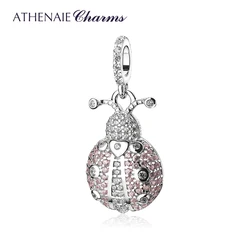 ATHENAIE Trendy 925 Sterling Silver Clear CZ Lucky Pink Ladybug Pendant Charms fit Women Bracelet Necklace DIY Jewelry Wihite