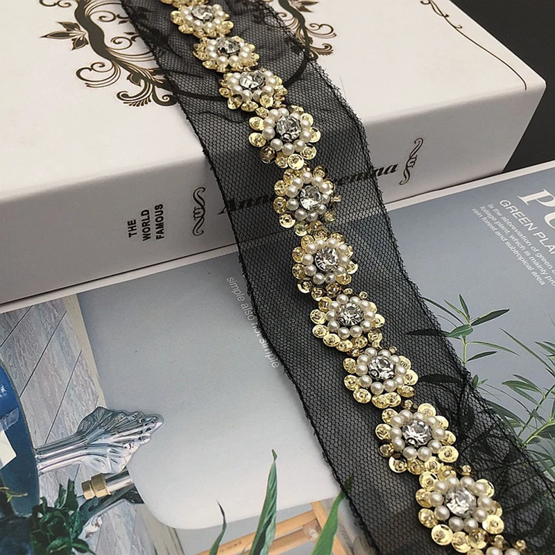 1Yard Pearl Beaded Sequin Lace Trim Mesh Lace Ribbon Fabric DIY Clothes Decoration Wedding Dress Collar Sleeve Lace Applique