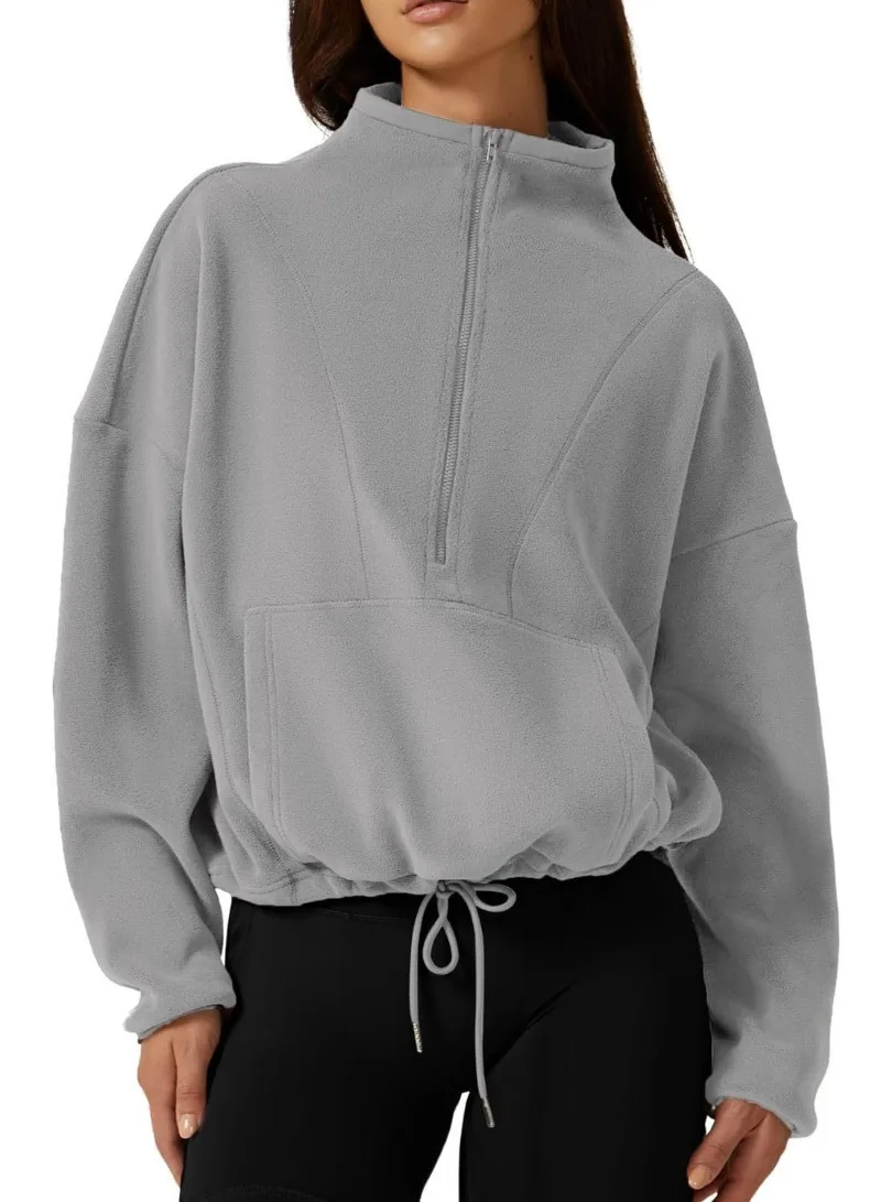 Women's Sweater Autumn and Winter Half Zip Fine Fleece Sweatshirt Small High Neck Long Sleeve Comfortable Pullover Lace Up Top