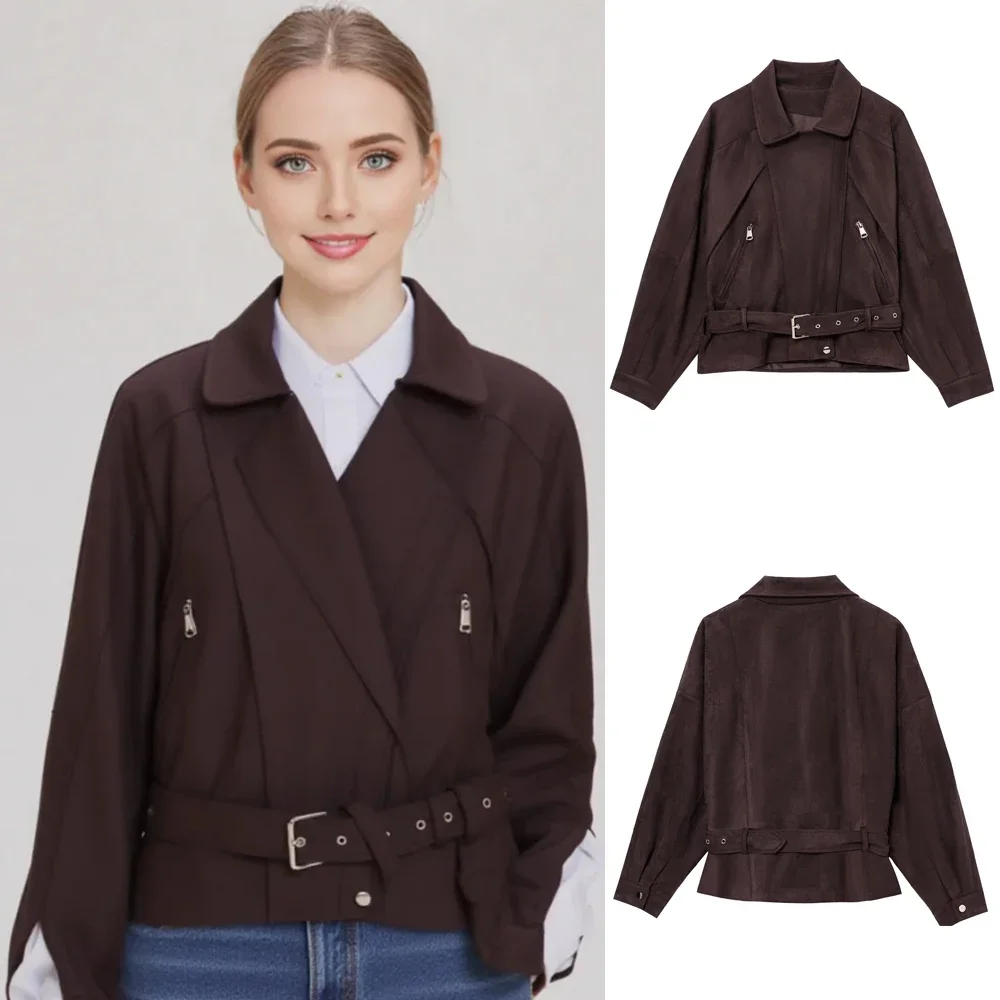 

Женский ремень, свободные лацканы, молнии, карманы, верхняя одежда, коричневые пальто с длинными рукавами, мотоциклетная куртка из искусственной замши, винтажная замшевая куртка