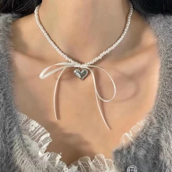 Elegant Pearl Heart Pendant Necklace Trend Ribbon Bow Choker Necklace For Women Wedding Party Jewelry Gift
