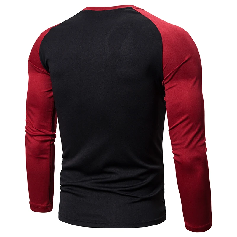New men's color blocked top for foreign trade, four season men's long sleeved patchwork round neck men's T-shirt