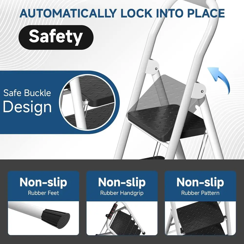 Échelle pliante avec marches antidérapantes, pieds en caoutchouc, main courante, verrouillage sécurisé, portable, capacité 800 lb, blanc