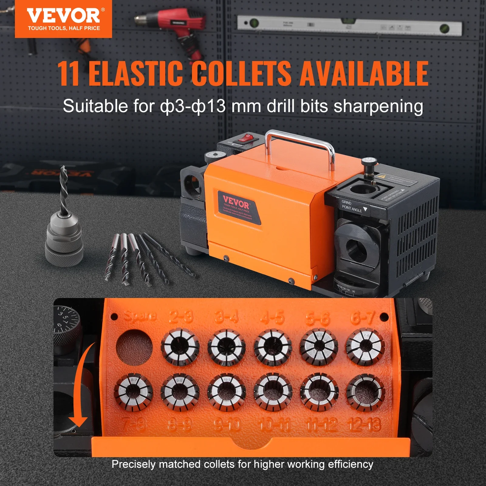 VEVOR Drill Bits Sharpener 3-13mm Mill Grinder Sharpener Portable Sharpening Angle Grinder with 11 Collets For Factory Workshop