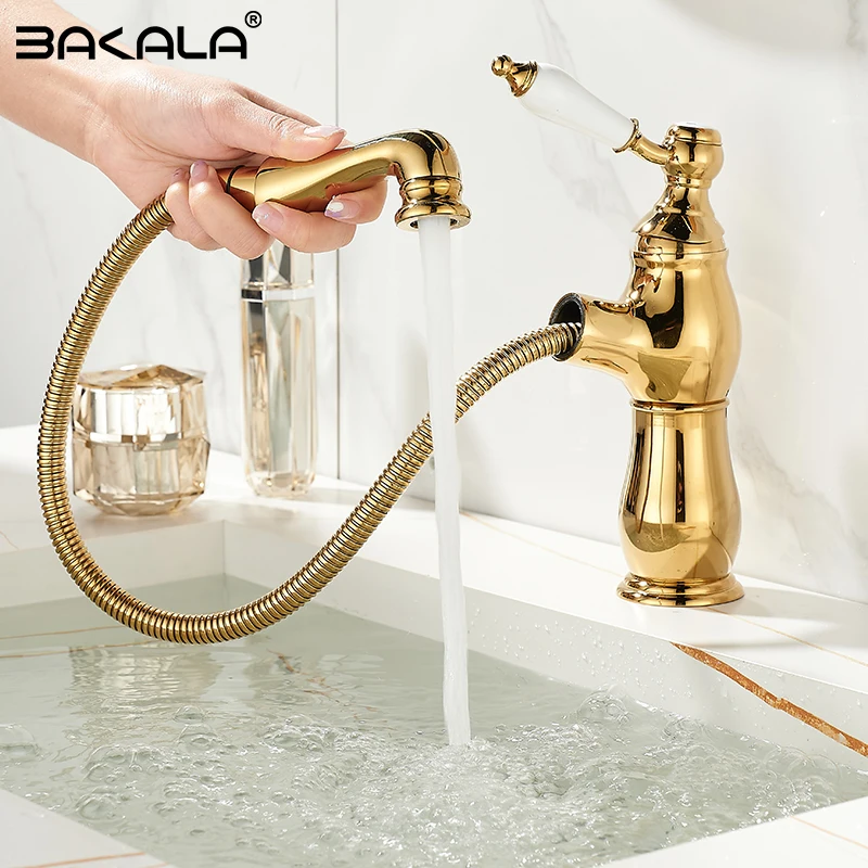 

BAKALA Pull Out Bathroom Basin Sink Faucet Hot Cold Water Mixer Tap Golden Faucets Crane with Spray Tall Bathroom Faucet