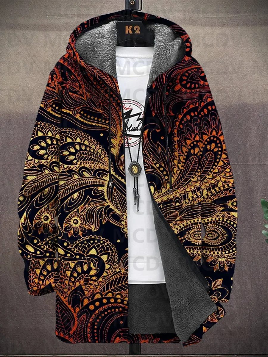 

Men's Vintage Paisley Print Hooded Two-Pocket Fleece Jacket