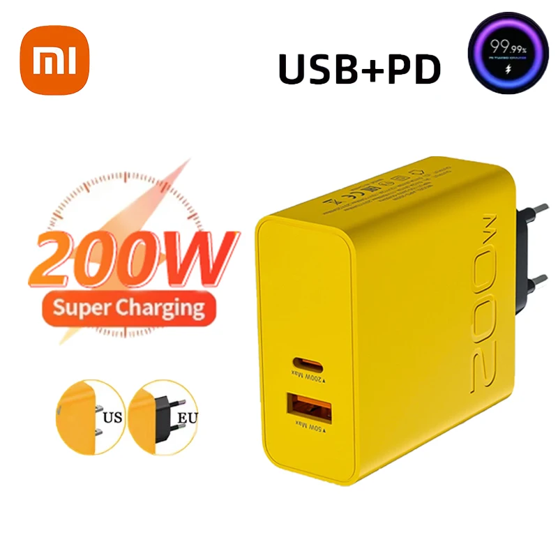 Xiaomi 200W Ultra Fast Charger USB PD 2-In-1 Type C Fast GaN Phone Charger For Iphone Huawei Samsung Xiaomi Oppo  EU US Plug ﻿