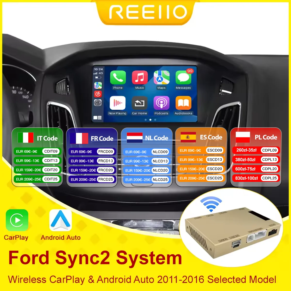 REEIIO Carplay sans fil pour Ford Sync2 Explorer Focus Escape Fiesta C-max Edge Mustang Fusion Expeditio Flex avec Android Auto