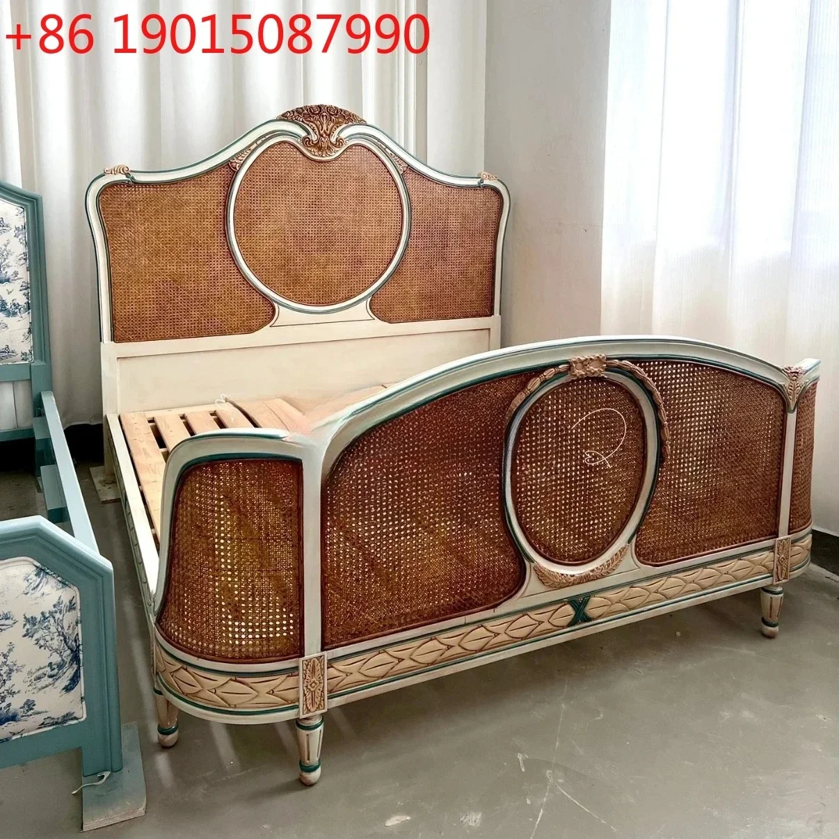American Country Style Antique Solid Wood Rattan Bed 1.8m French Home Simple 1.5m Master Bedroom Double Bed