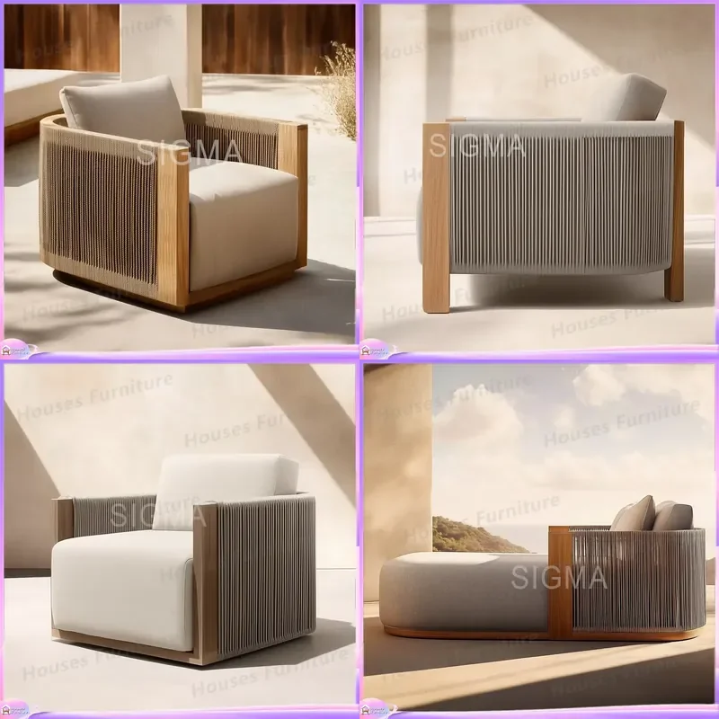 Modern Teak Outdoor Sofa Set Garden Furniture Woven Rope Patio Couch Luxury Hotel Park Sectional Seating Group Exterior Decor