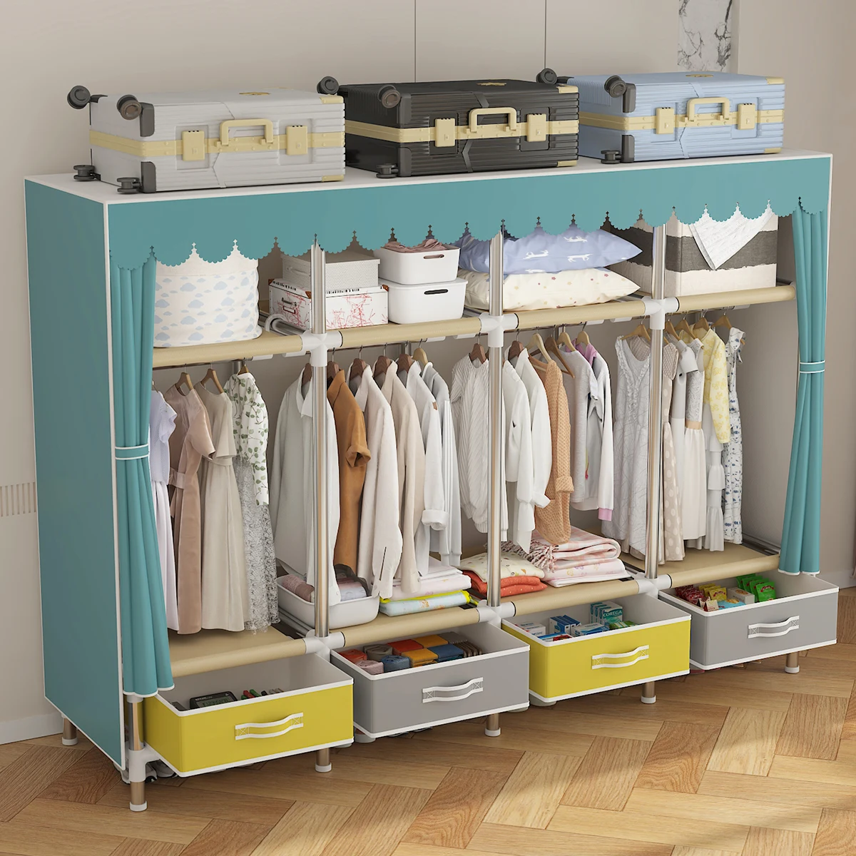 Clothes Storage Wardrobe with Dustproof Cover, Large Storage Closet with Steel Frame, Durable Rack, 1Pc