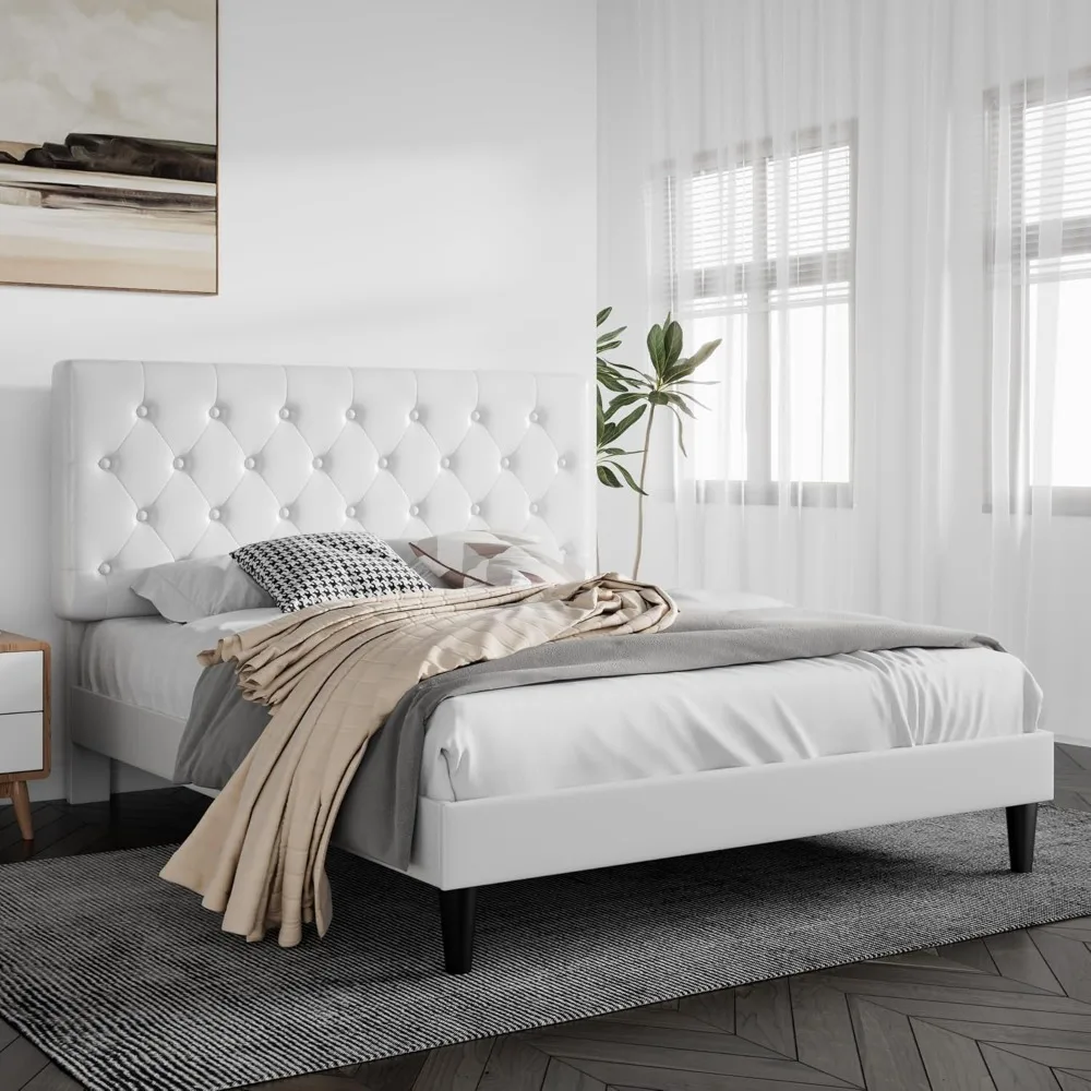 Queen Size Bed Frame with Button Tufted Headboard, Faux Leather Upholstered Mattress Foundation, Platform Bed Frame