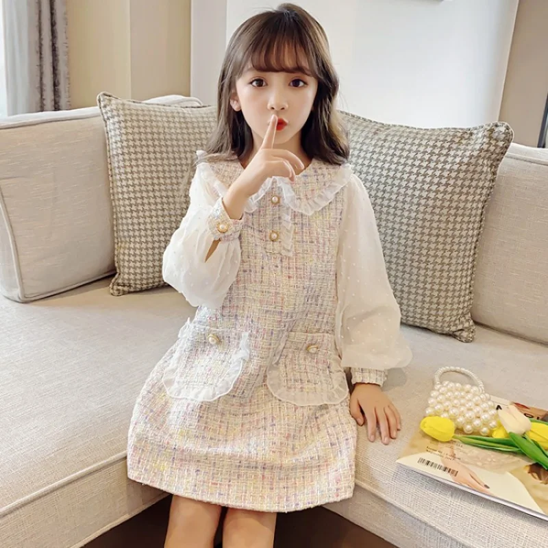 

Girls' Dress Super Stylish Spring and Autumn New Little Girl Doll Collar Puff Sleeve Lace Dress