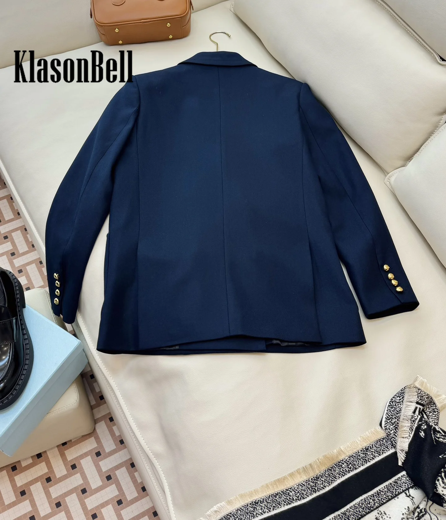 9.7 KlasonBell Women\'s Gold Color Letter Embroidery Wool Blend Blazer Double Breasted Pocket Back Split Mid-Length Jacket