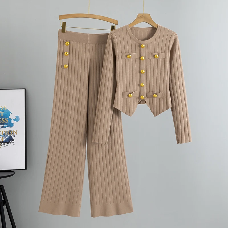 

Elegant Fashion OL Autumn Suits Women Long Sleeves Chic Buttons Pullovers+Elastic Long Pants Vintage Sweater Two Pieces Sets