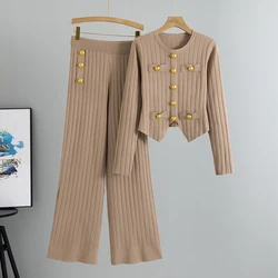 Elegant Fashion OL Autumn Suits Women Long Sleeves Chic Buttons Pullovers+Elastic Long Pants Vintage Sweater Two Pieces Sets