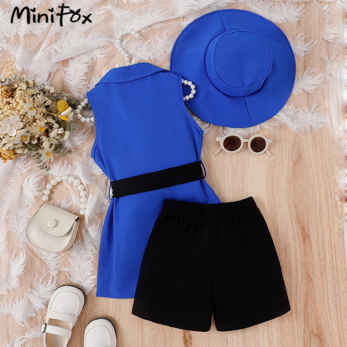 MiniFox Girls\'s Blazer Sets Elegant Belted Lapel Blazer Jacket+Black Vest+Shorts+Sun Hat 4pcs Kids Clothes Girls Outfit Suit