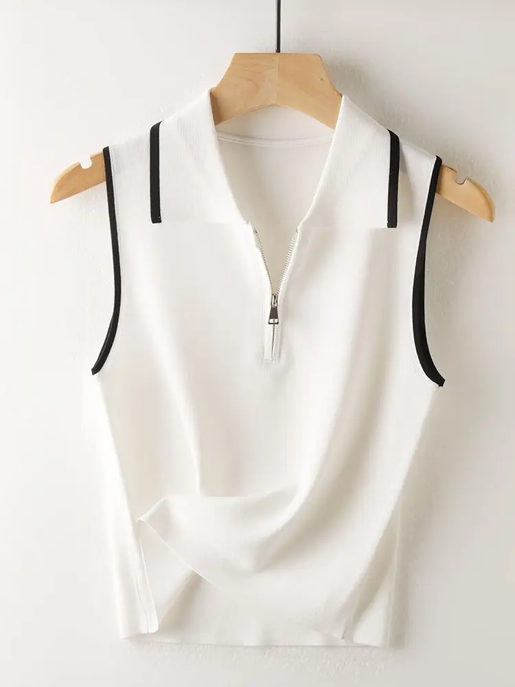 2024 New Summer Fashion Trend Commuting Minimalist Lapel Panel Zipper Casual Loose Contrast Color Sleeveless Ice Knit T-shirt