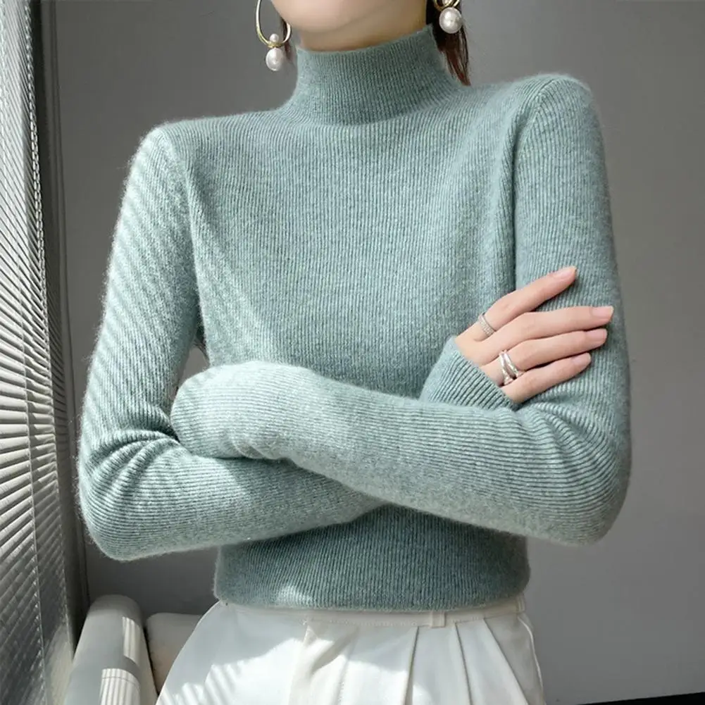 

Viscose Top Soft Stretchy Top Women's Ribbed Trim High Collar Sweater Slim Fit Knit Top for Wear Long Sleeve Daily Wear