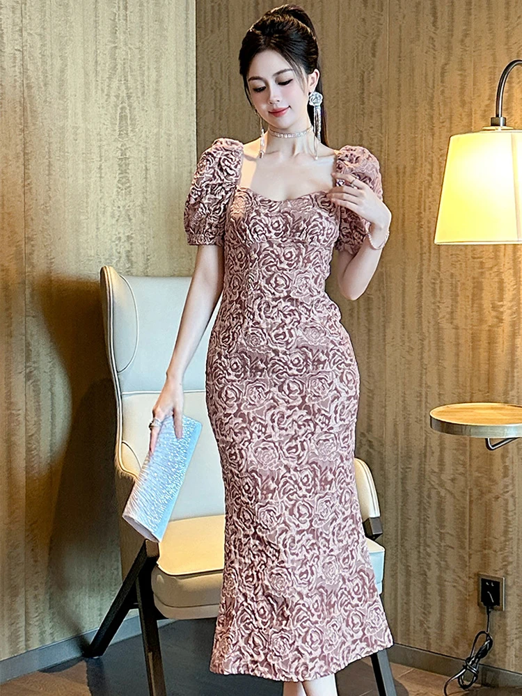 ชุดเดรสยาวปานกลางสไตล์หรูหราสำหรับผู้หญิง แขนพองทรงบับเบิ้ล ทรงหางปลา เหมาะสำหรับงานเลี้ยง งานกาล่าดินเนอร์ หรืองานปาร์ตี้