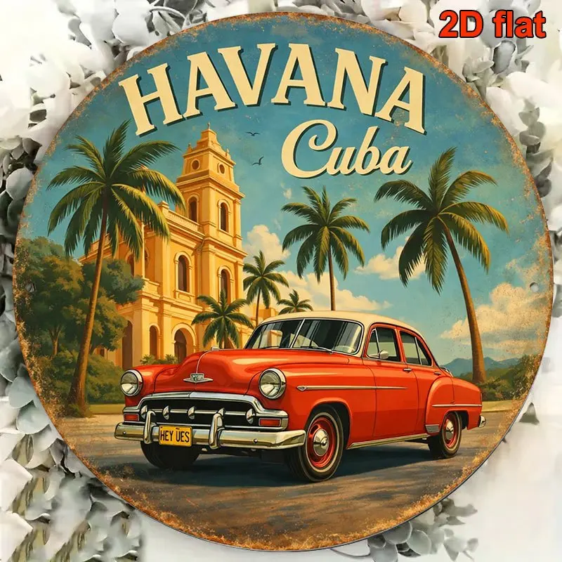 Vintage Havana Cuba Round Tin Sign, Retro Red Classic Car Havana Cityscape Metal Wall Art, Rustic Cuban Travel Souvenir Themed D
