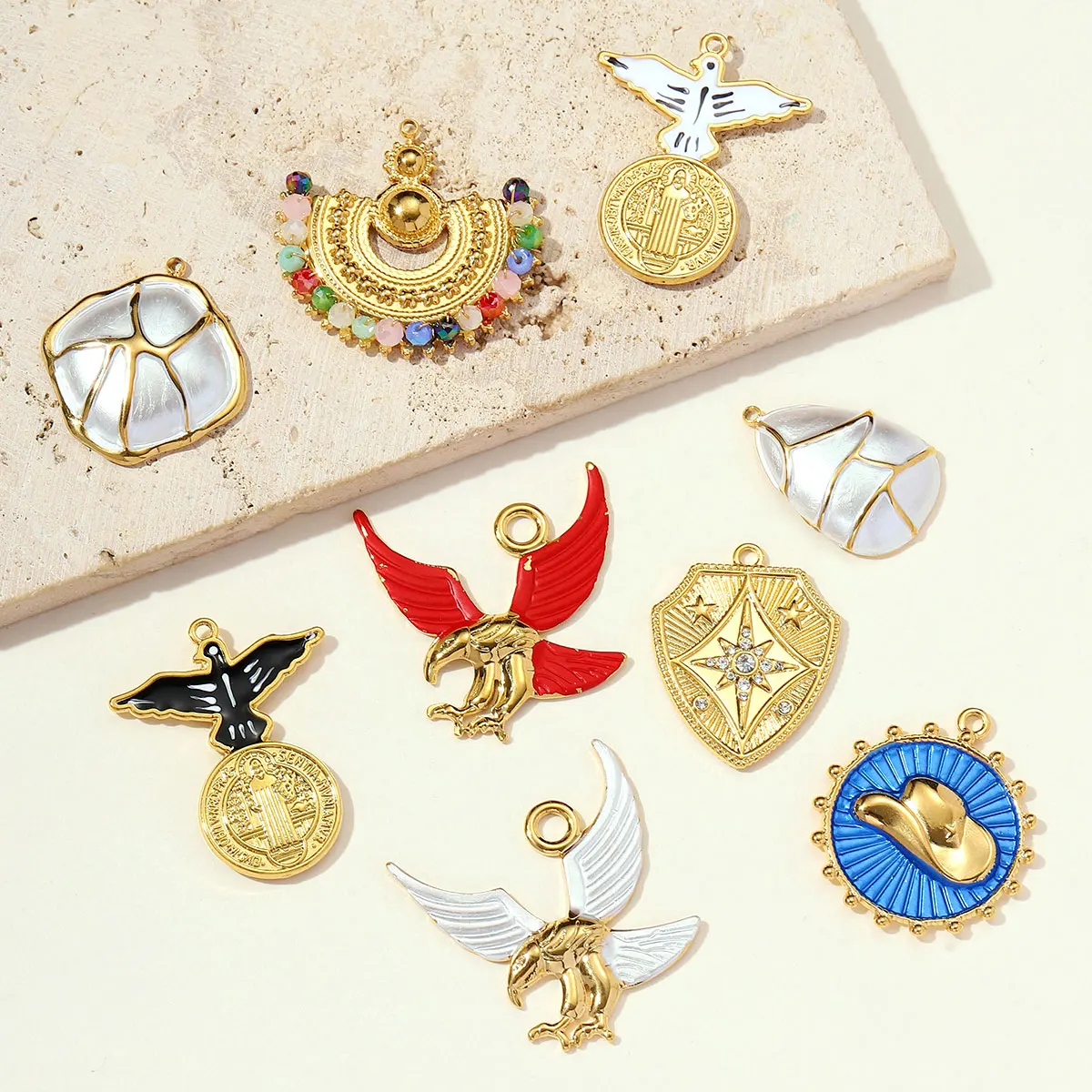 3pcs/Lot Stainless Steel Eagle Chapter Necklace Pendants Rhinestone Cowboy Hat DIY Charms Women Geometric Emamel Jewelry