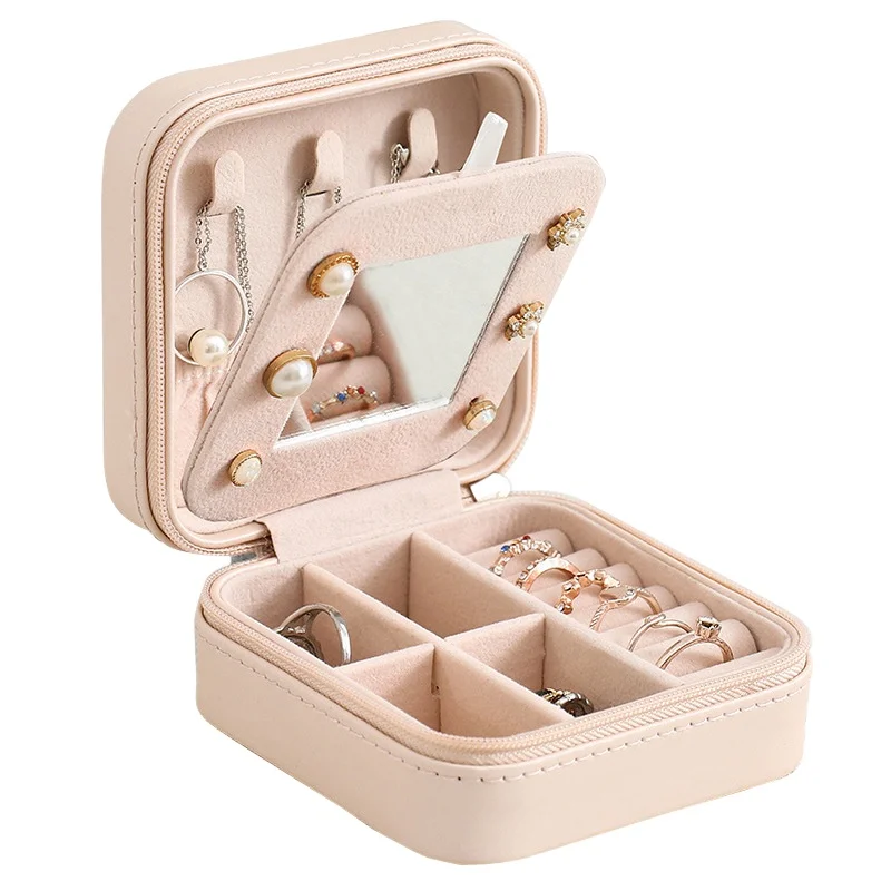 Mirror Jewelry Box Organizer Display Travel Jewelry Zipper Case Boxes PU Leather Portable Earrings Necklace Ring Jewelry Box