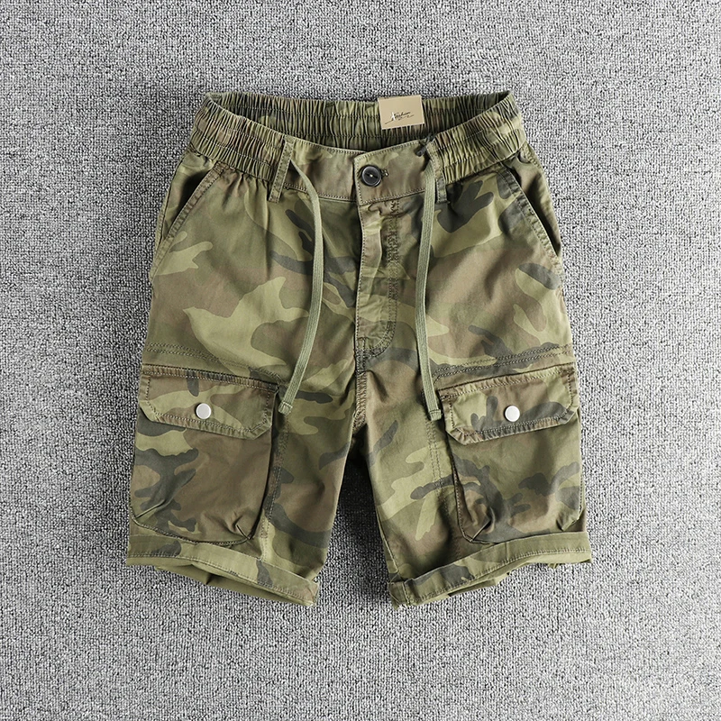 2025 Summer New American Retro Woven Multi-Pocket Camouflage Cargo Shorts Men's 97% Cotton Washed Casual Straight 5-point Pants