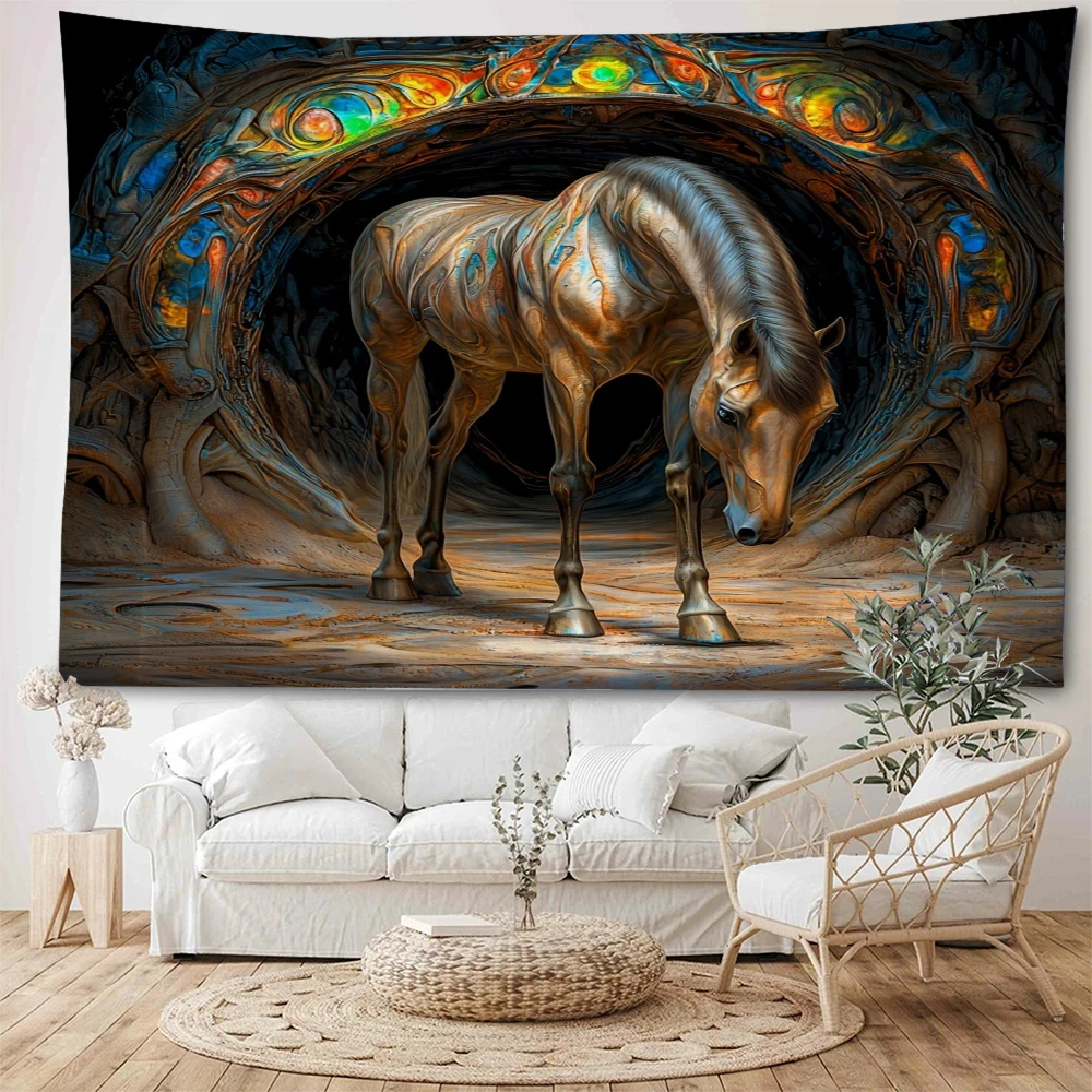 

Mercedes Benz's horse travels through a dreamlike space, a dreamy starry sky, a galloping horse, and a decorative tapestry