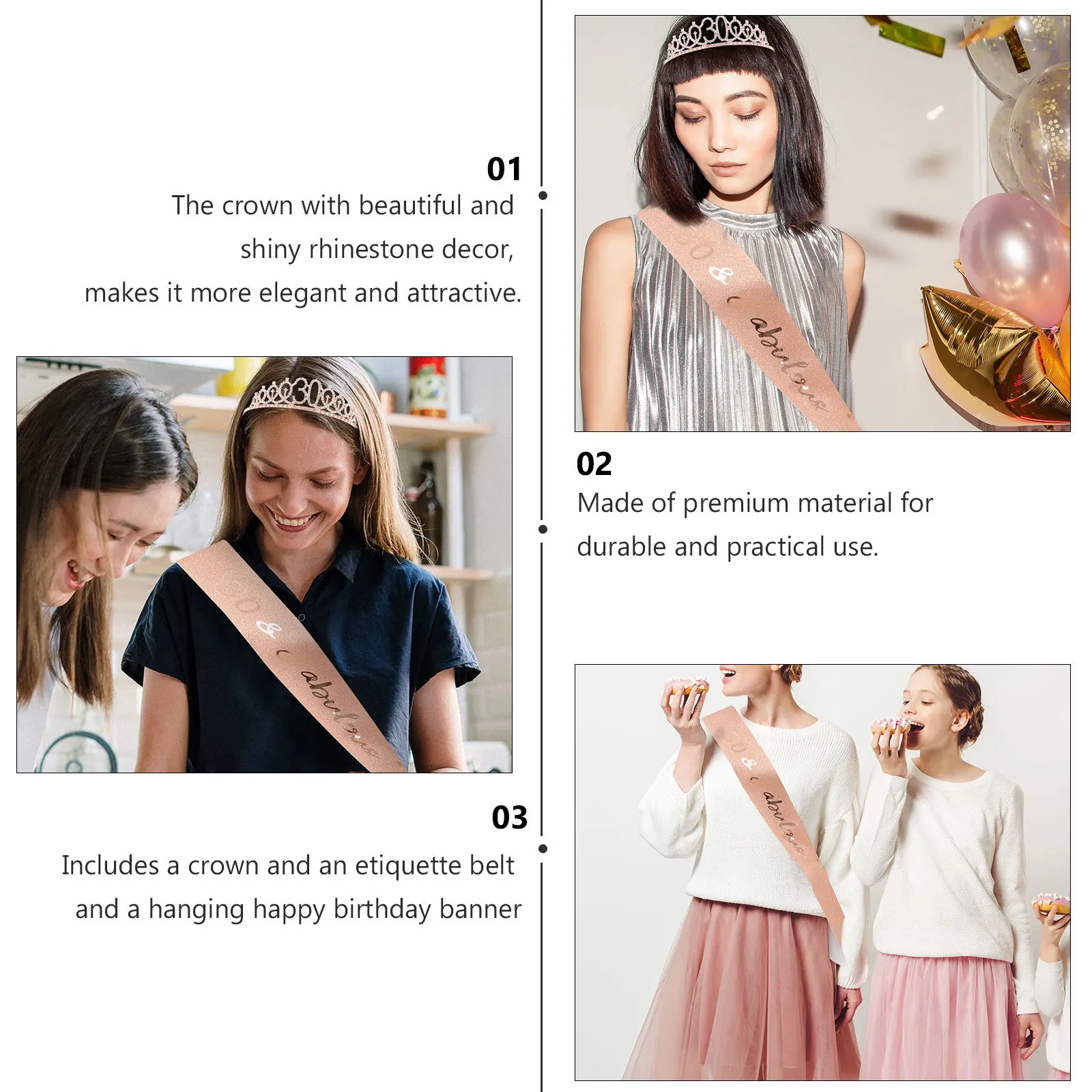 

1 set 1 Set Tiaras Sash For Women Girls 30Th Birthday Party Decorations Crown Birthday Supplies Photo Props Party Favors