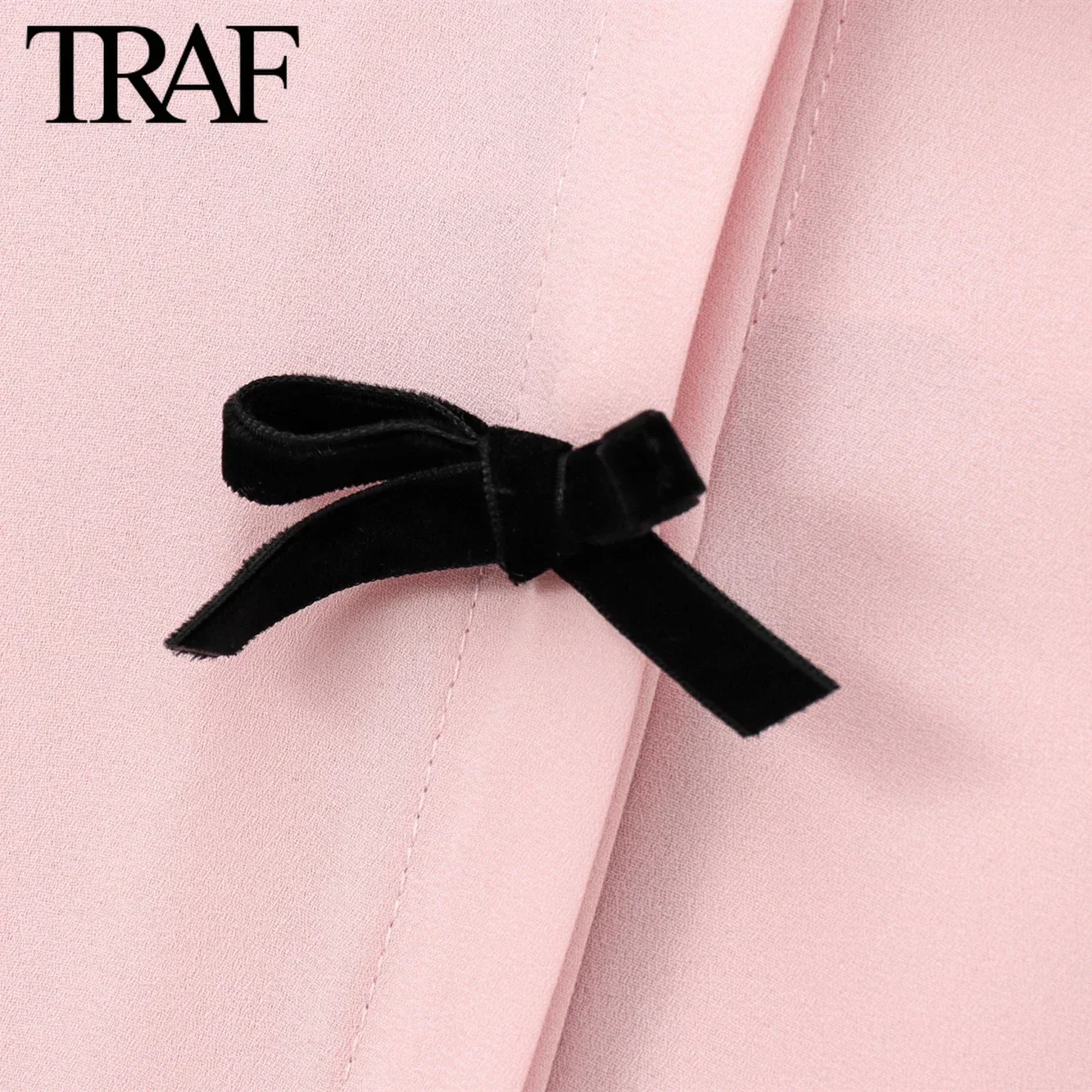 TRAF pink shirts Women Fashion Autumn New Velvet Bow Long Sleeve Single Breasted Lapel Blouse Sweet French Chic Ladies Top